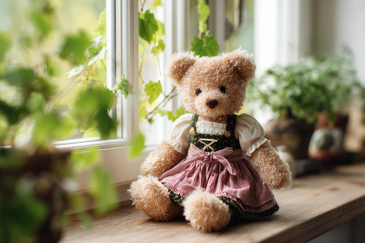 Süßer Teddybär, der ein Dirndl trägt und auf einer Fensterbank sitzt