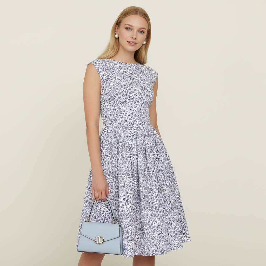 Frau in blauem Blumenkleid als Dirndlalternative