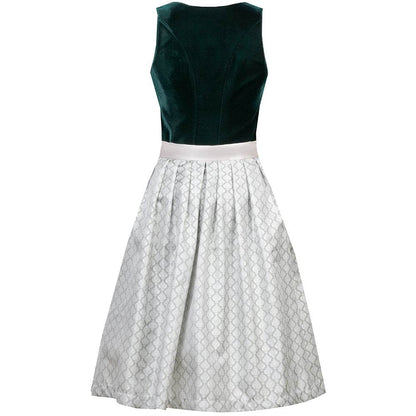 Elegantes Dirndl mit schlichtem Samtmieder in smaragdgrün und Reißverschluss sowie Schließe am Ausschnitt. Der Rock zeigt ein Ornamentenmuster und ist farblich abgestimmt mit der passenden Schürze.