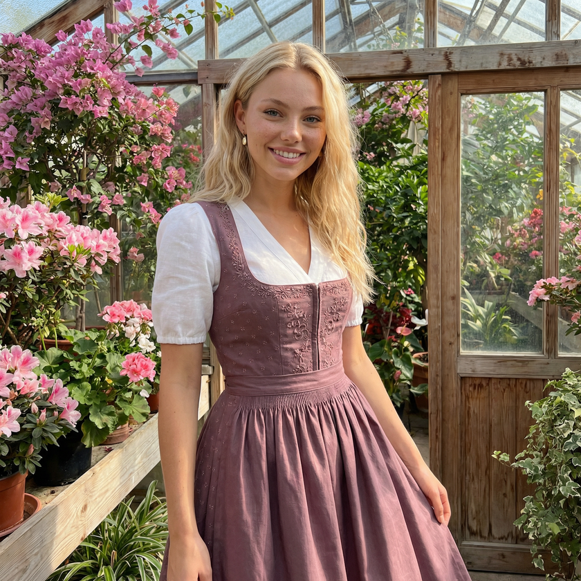 Frau in Boho-inspirierter Dirndlbluse kombiniert mit einem Dirndl in zartem rosé. 