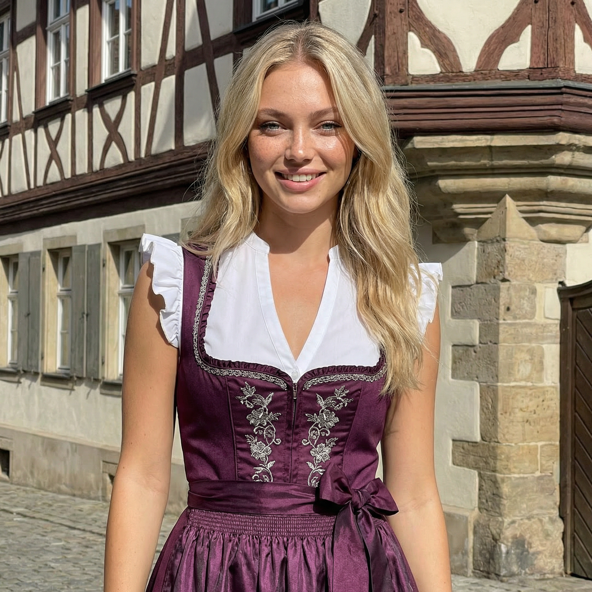 Frau trägt eine weiße Dirndlbluse und ein weinrotes Dirndl 