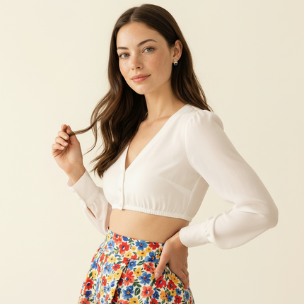 Frau trägt weiße Dirndbluse mit einem Trachtenrock