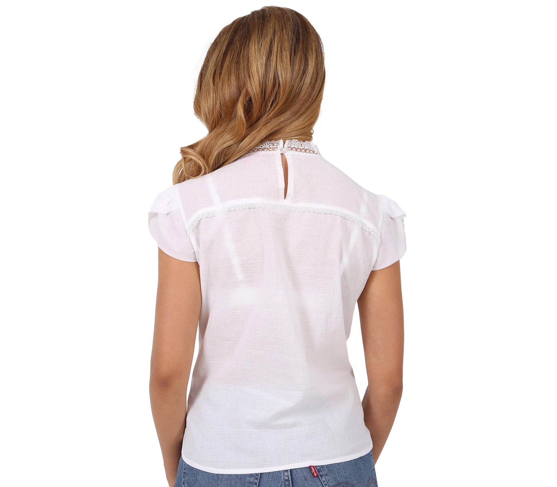 Hochgeschlossene ecru Bluse mit feinen Rüschen an der Vorderseite, langärmelig und elegant geschnitten. Schlichter, zeitloser Look.