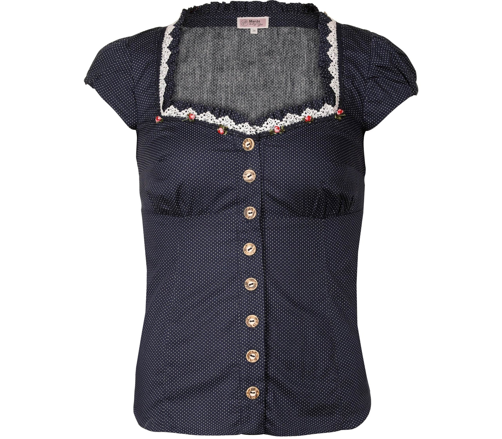 Dunkelblaue Bluse mit angeschnittenen Ärmeln und weißem Polkadot-Muster, verziert mit feiner Spitze und kleinen Röschen am Ausschnitt sowie einer dezenten Schnürung im Rücken.