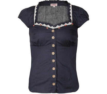 Dunkelblaue Bluse mit angeschnittenen Ärmeln und weißem Polkadot-Muster, verziert mit feiner Spitze und kleinen Röschen am Ausschnitt sowie einer dezenten Schnürung im Rücken.
