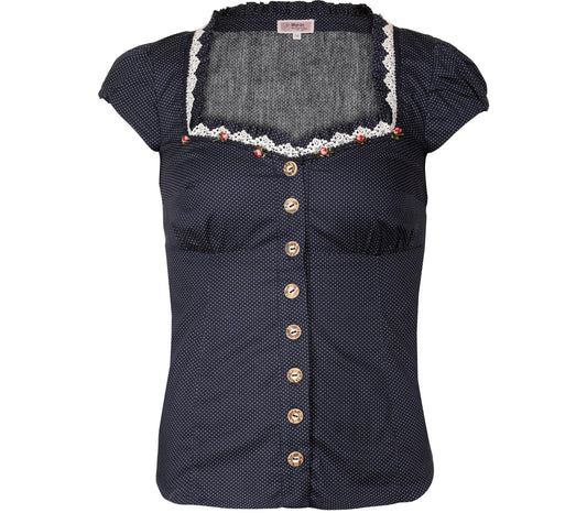 Dunkelblaue Bluse mit angeschnittenen Ärmeln und weißem Polkadot-Muster, verziert mit feiner Spitze und kleinen Röschen am Ausschnitt sowie einer dezenten Schnürung im Rücken.