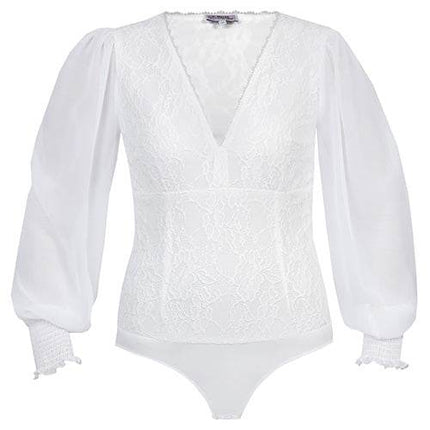 Eleganter Body mit V-Ausschnitt aus blickdichter Spitze am Vorderteil und transparenten Ärmeln, präsentiert in einem hellen ecru Farbton.