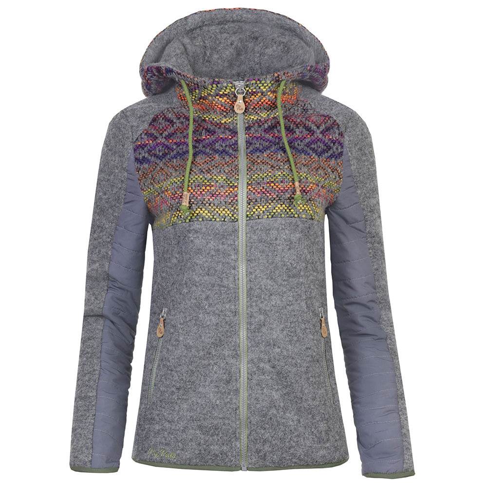Woll-Fleecejacke mit bunter Ethno-Musterung, Kapuze mit Kordelzug und Reißverschlusstaschen, sportiver Schnitt in kiesel- und moosfarben.