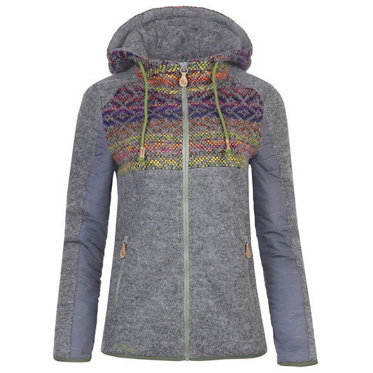 Woll-Fleecejacke mit bunter Ethno-Musterung, Kapuze mit Kordelzug und Reißverschlusstaschen, sportiver Schnitt in kiesel- und moosfarben.