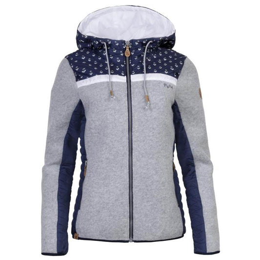 Damen-Kapuzenjacke in dreifarbiger Optik mit kleinen Herzchen-Prints an Kapuze und Schulter, aus gestepptem Material mit zwei Reißverschlusstaschen und elastischen Abschlüssen.