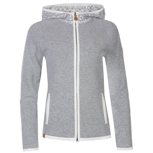 Damen-Strickfleecejacke in Grau und Weiß mit traditionellem Muster an Kapuze und Ellbogen, sportivem Schnitt und zwei Eingriffstaschen.