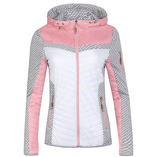 Leichte Damen-Kapuzenjacke in Grau, Rosa und Weiß mit Reißverschlusstaschen vorne und am Ärmel, sowie elastischen Einsätzen an Seiten und Ärmeln für hohe Bewegungsfreiheit.