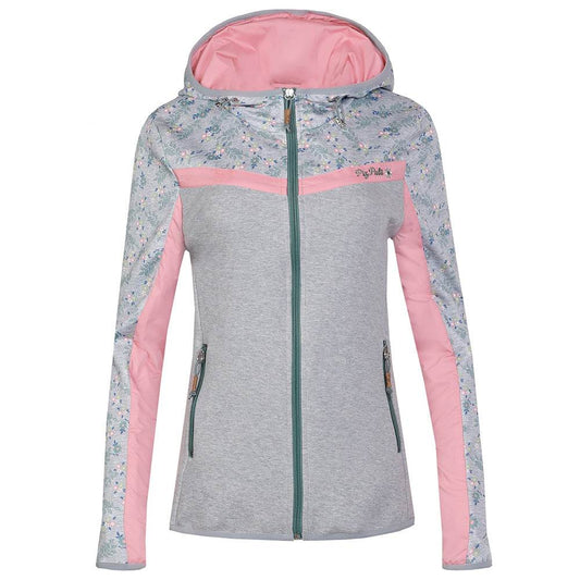 Damen-Kapuzenjacke Ellgau mit floralem Muster am oberen Bereich und an den Ärmeln, zwei Reißverschlusstaschen und verstellbarem Kapuzen-Tunnelzug.