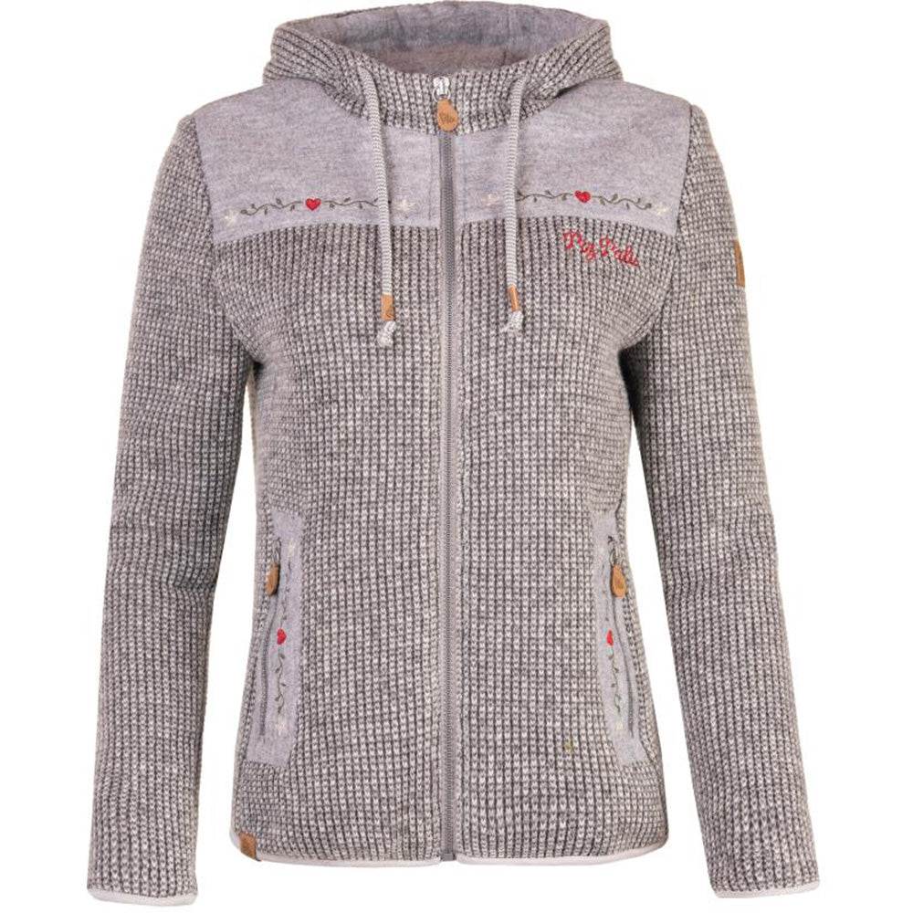graue Damen-Kapuzenjacke Eslarn mit alpenländischen Stickereien, Vichykaro-Akzenten und zwei Reißverschlusstaschen.