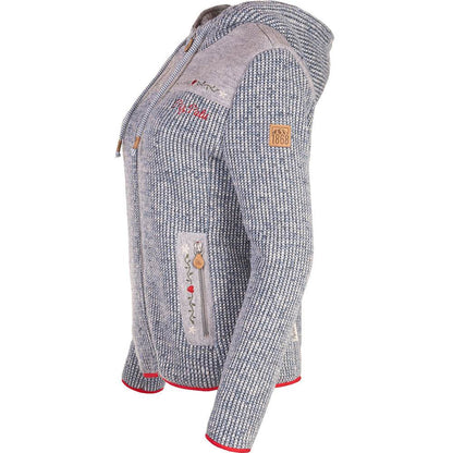 hellblaue Damen-Kapuzenjacke Eslarn mit alpenländischen Stickereien, Vichykaro-Akzenten und zwei Reißverschlusstaschen.