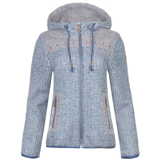 Damen Strickfleecejacke Falkenberg mit Kapuze, verspielten Stickereien vorn und hinten sowie elastischen Abschlüssen für guten Sitz.