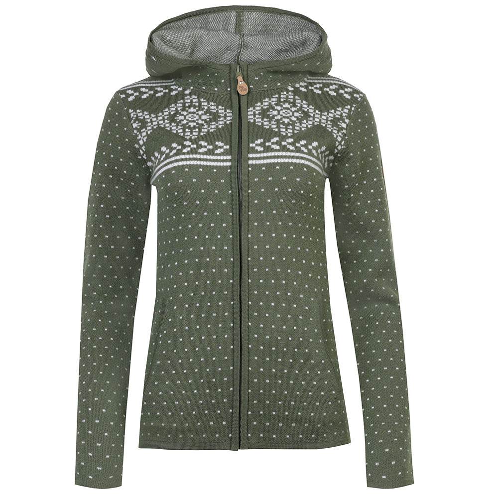 Damen Kapuzen-Strickjacke Hallerndorf in moosgrün mit traditionellem Allover-Muster, Frontreißverschluss und zwei seitlichen Eingriffstaschen.