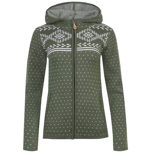 Damen Kapuzen-Strickjacke Hallerndorf in moosgrün mit traditionellem Allover-Muster, Frontreißverschluss und zwei seitlichen Eingriffstaschen.