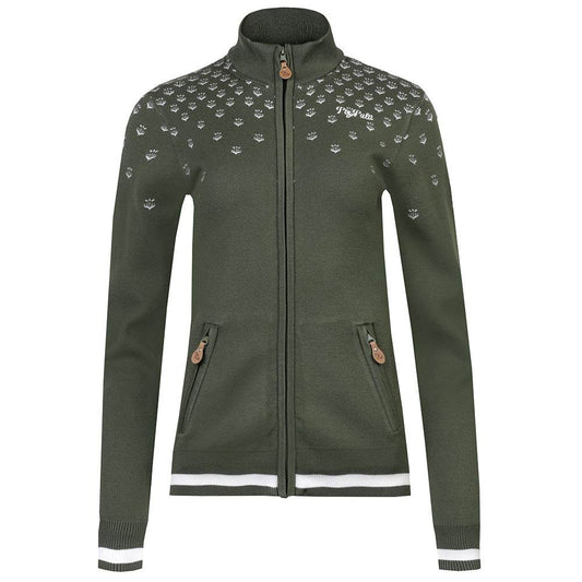 Damen Strickjacke Hartenstein in moosgrün mit Stehkragen, Reißverschluss, zwei Zippertaschen und feinem Muster an Bündchen.