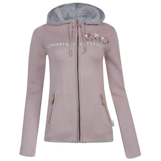 Damen Strickjacke Heldenstein in malve mit Kapuze, Kordelzug, verdecktem Frontreißverschluss, zwei Reißverschlusstaschen und kontrastfarbigen Bündchen.