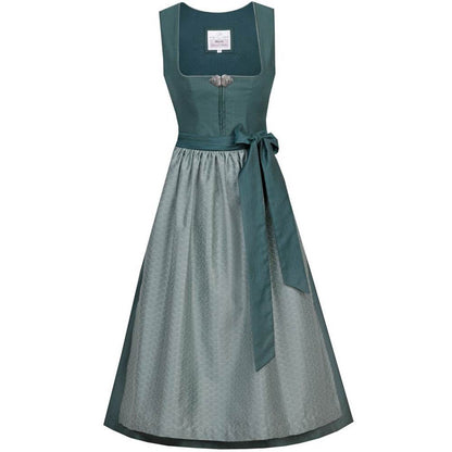 Elegantes Dirndl in Tanne/Jade mit einem Mieder, das einen Reißverschluss und eine dekorative Schließe zeigt. Die passende Schürze ist mit einer Schleife gebunden, das Dirndl endet etwa auf Kniehöhe.