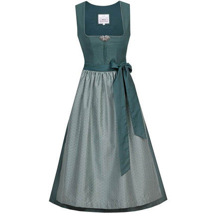 Elegantes Dirndl in Tanne/Jade mit einem Mieder, das einen Reißverschluss und eine dekorative Schließe zeigt. Die passende Schürze ist mit einer Schleife gebunden, das Dirndl endet etwa auf Kniehöhe.