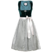 Elegantes Dirndl mit schlichtem Samtmieder in smaragdgrün und Reißverschluss sowie Schließe am Ausschnitt. Der Rock zeigt ein Ornamentenmuster und ist farblich abgestimmt mit der passenden Schürze.