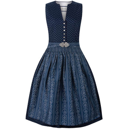 Dunkelblaues klassisches Dirndl mit hochgeschlossenem Schnitt, V-Ausschnitt mit dekorativen Knöpfen und Schürze mit modischer Metallschließe, elegant und liebevoll gestaltet.