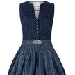 Dunkelblaues klassisches Dirndl mit hochgeschlossenem Schnitt, V-Ausschnitt mit dekorativen Knöpfen und Schürze mit modischer Metallschließe, elegant und liebevoll gestaltet.