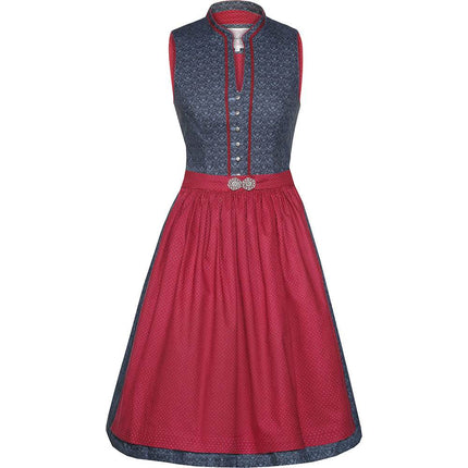 Klassisches Dirndl mit dezentem Muster, V-Ausschnitt mit schlanker Borte und kurzem Stehkragen, Knopfleiste mit herzförmigen Knöpfen sowie Schürze mit Schließe in Blau und Bordeaux.