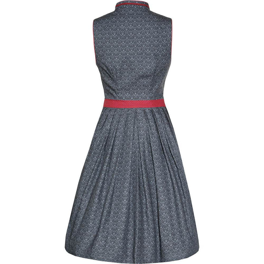 Klassisches Dirndl mit dezentem Muster, V-Ausschnitt mit schlanker Borte und kurzem Stehkragen, Knopfleiste mit herzförmigen Knöpfen sowie Schürze mit Schließe in Blau und Bordeaux.