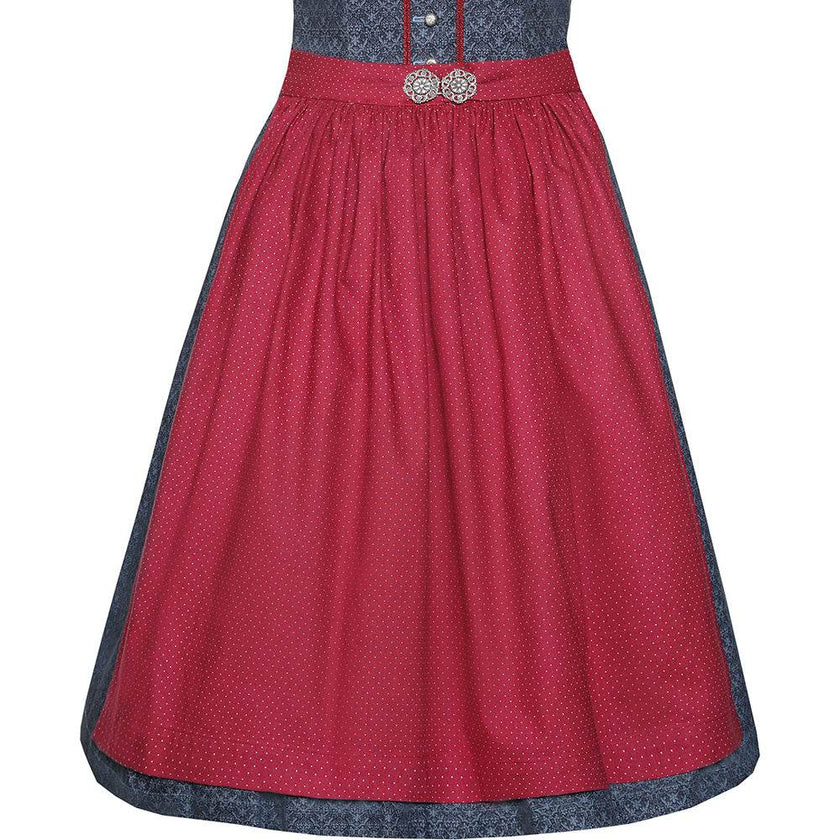 Klassisches Dirndl mit dezentem Muster, V-Ausschnitt mit schlanker Borte und kurzem Stehkragen, Knopfleiste mit herzförmigen Knöpfen sowie Schürze mit Schließe in Blau und Bordeaux.