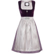 Elegantes Dirndl mit schlichtem Samtmieder in pflaumenfarbe und Reißverschluss mit Herzanhänger. Der Rock ist zart gepunktet, die mauvefarbene Schürze wird durch eine dekorative Schließe ergänzt.