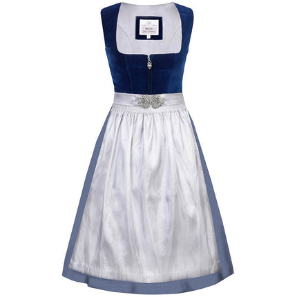 Hochwertiges Dirndl mit schlichtem Samtmieder in saphirblau und Reißverschluss mit Herzanhänger. Der Rock zeigt ein zartes Pünktchenmuster, die silberne Schürze ist mit einer dekorativen Schließe versehen.
