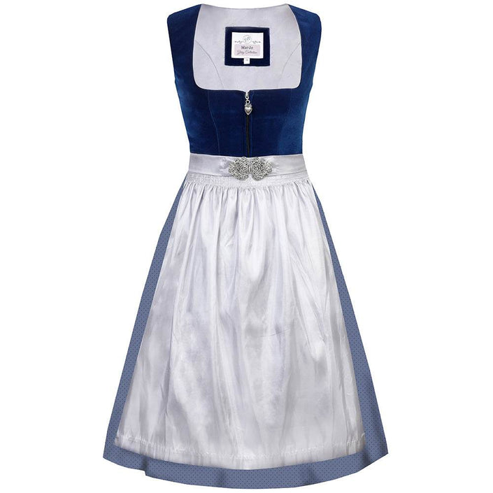 Hochwertiges Dirndl mit schlichtem Samtmieder in saphirblau und Reißverschluss mit Herzanhänger. Der Rock zeigt ein zartes Pünktchenmuster, die silberne Schürze ist mit einer dekorativen Schließe versehen.