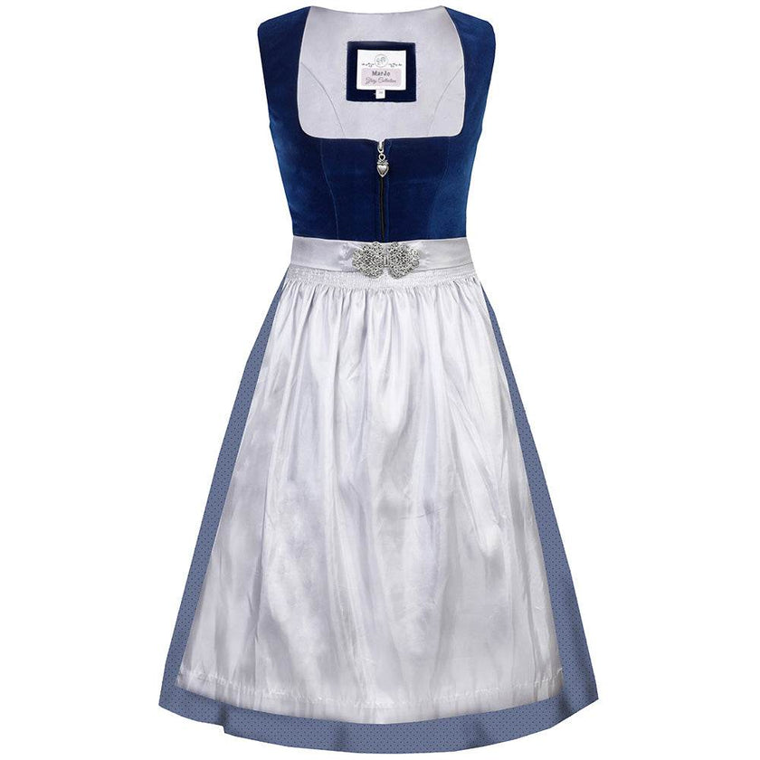 Hochwertiges Dirndl mit schlichtem Samtmieder in saphirblau und Reißverschluss mit Herzanhänger. Der Rock zeigt ein zartes Pünktchenmuster, die silberne Schürze ist mit einer dekorativen Schließe versehen.