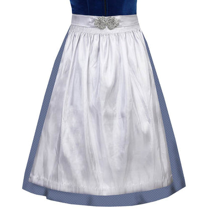 Hochwertiges Dirndl mit schlichtem Samtmieder in saphirblau und Reißverschluss mit Herzanhänger. Der Rock zeigt ein zartes Pünktchenmuster, die silberne Schürze ist mit einer dekorativen Schließe versehen.