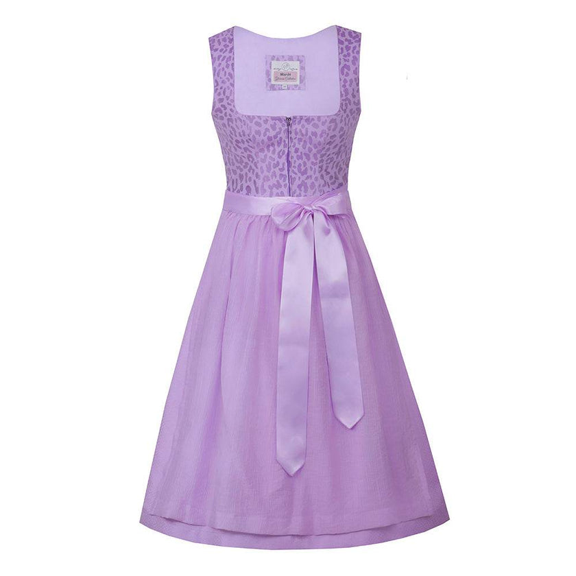 Zweiteiliges Dirndl mit stylischem Leo-Muster in sanften Farbtönen Zitrone, Rosa und Flieder. Der gerade Ausschnitt mit Reißverschluss in der vorderen Mitte und der moderne Schnitt ohne Miederschnürung verleihen dem Dirndl einen trendigen Look. Die farblich abgestimmte Schürze ergänzt das Outfit elegant.