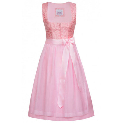Zweiteiliges Dirndl mit stylischem Leo-Muster in sanften Farbtönen Zitrone, Rosa und Flieder. Der gerade Ausschnitt mit Reißverschluss in der vorderen Mitte und der moderne Schnitt ohne Miederschnürung verleihen dem Dirndl einen trendigen Look. Die farblich abgestimmte Schürze ergänzt das Outfit elegant.