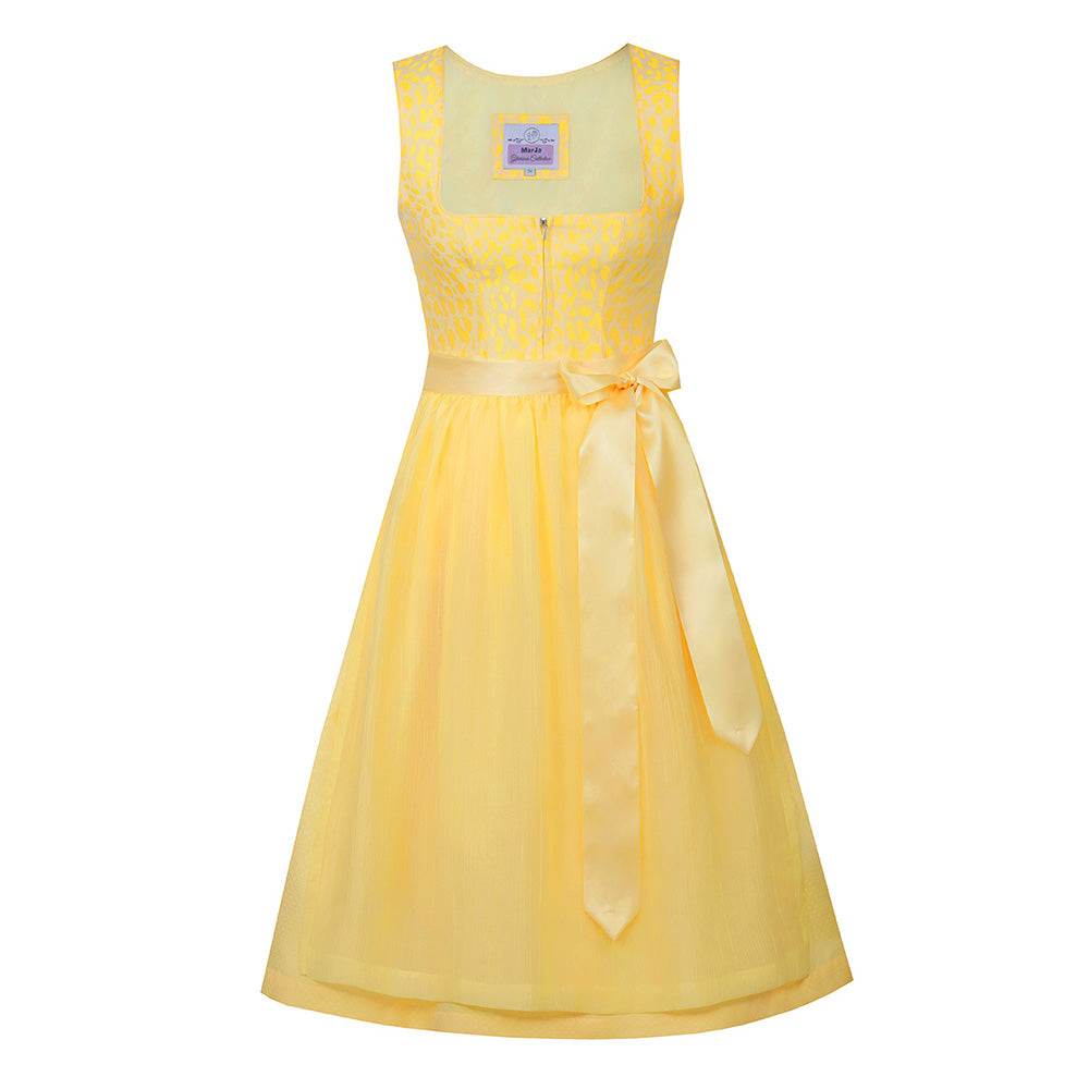 Zweiteiliges Dirndl mit stylischem Leo-Muster in sanften Farbtönen Zitrone, Rosa und Flieder. Der gerade Ausschnitt mit Reißverschluss in der vorderen Mitte und der moderne Schnitt ohne Miederschnürung verleihen dem Dirndl einen trendigen Look. Die farblich abgestimmte Schürze ergänzt das Outfit elegant.