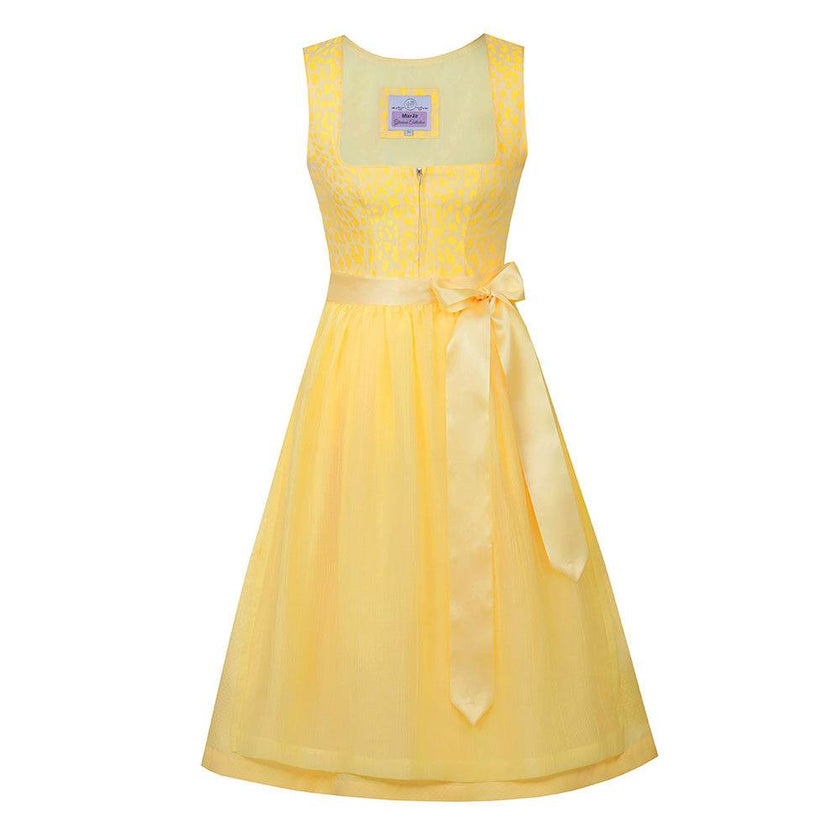 Zweiteiliges Dirndl mit stylischem Leo-Muster in sanften Farbtönen Zitrone, Rosa und Flieder. Der gerade Ausschnitt mit Reißverschluss in der vorderen Mitte und der moderne Schnitt ohne Miederschnürung verleihen dem Dirndl einen trendigen Look. Die farblich abgestimmte Schürze ergänzt das Outfit elegant.