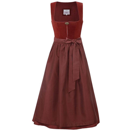 Elegantes zweiteiliges Dirndl in warmem sienaton mit samtigem Mieder, das einen Reißverschluss und eine dekorative Schließe zeigt. Die Schürze und der Rock sind farblich harmonisch abgestimmt und runden das stilvolle Gesamtbild ab.