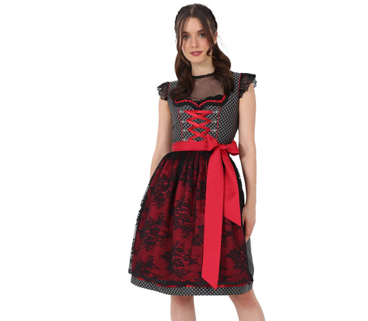 Elegantes Dirndl mit herzförmigem Mieder, mittigem Reißverschluss und passender Schnürung, einheitlichem Muster und Spitzenschürze mit rotem Kontraststoff.