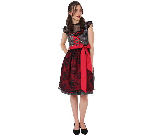 Elegantes Dirndl mit herzförmigem Mieder, mittigem Reißverschluss und passender Schnürung, einheitlichem Muster und Spitzenschürze mit rotem Kontraststoff.