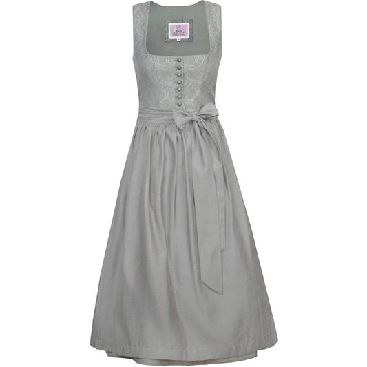 Zweiteiliges Dirndl in gedecktem Gischt-Ton mit floralen Mustern und Ton-in-Ton Farbkomposition. Das Mieder zeigt eine Knopfleiste, die Schürze ist mit einer passenden Schleife gebunden. Elegantes, harmonisch abgestimmtes Outfit.