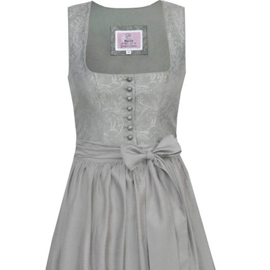 Zweiteiliges Dirndl in gedecktem Gischt-Ton mit floralen Mustern und Ton-in-Ton Farbkomposition. Das Mieder zeigt eine Knopfleiste, die Schürze ist mit einer passenden Schleife gebunden. Elegantes, harmonisch abgestimmtes Outfit.
