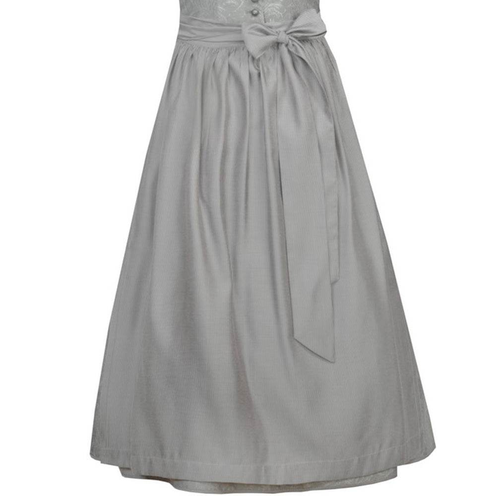 Zweiteiliges Dirndl in gedecktem Gischt-Ton mit floralen Mustern und Ton-in-Ton Farbkomposition. Das Mieder zeigt eine Knopfleiste, die Schürze ist mit einer passenden Schleife gebunden. Elegantes, harmonisch abgestimmtes Outfit.