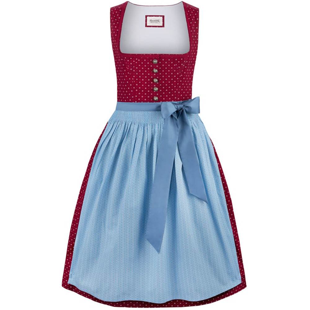 Klassisches Dirndl mit geradem Ausschnitt und einheitlichem Blümchenmuster in bordeaux, kombiniert mit einer blauen Schürze als schönen Farbkontrast.