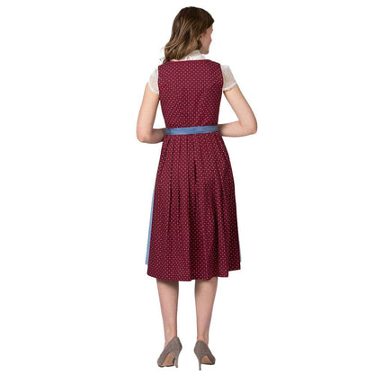 Klassisches Dirndl mit geradem Ausschnitt und einheitlichem Blümchenmuster in bordeaux, kombiniert mit einer blauen Schürze als schönen Farbkontrast.