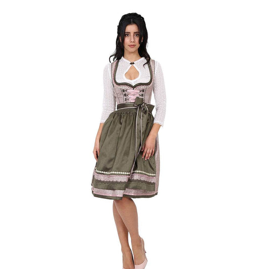 Zweiteiliges Dirndl in Grün-Rosé mit herzförmigem Mieder, mittigem Reißverschluss und passender Schnürung; einheitliches Muster auf Kleid und einfarbige Schürze mit dekorativen Borten passend zum Dirndlstoff.